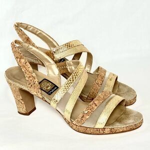 Nina Gold & Tan Strappy Open Toe Heels Size: 8M